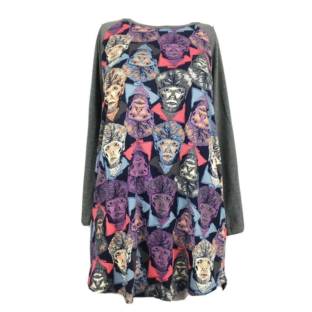 LulaRoe Shirt Women Sz L Gray Wolf Man Werewolf Stretch Knit Tunic Top Halloween